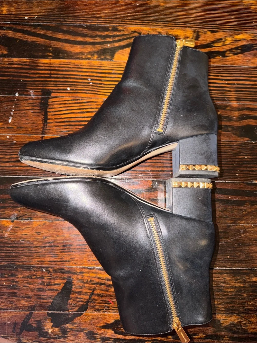 Michael Kors Black Leather Ankle Boots with Gold Stud Heel